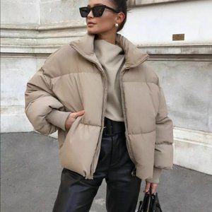 Zara Oversized Tan Khaki Puffer Jacket 
